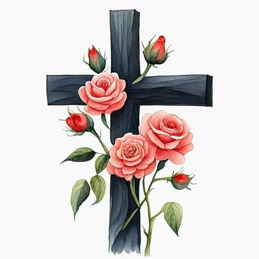 Prompt: A watercolor painting of a cross surrounded by red roses