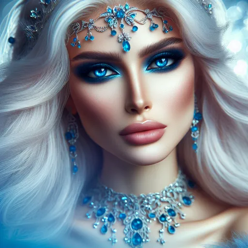 Prompt: Stunning portrait of a beautiful woman, flowing white hair, striking blue eyes, elegant blue eyeshadow, adorned with sparkling blue jewels, soft focus for a dreamlike quality, surrounded by a gentle ethereal light, ethereal ambiance, high contrast colors, ultra-detailed, HD, moody atmosphere with a hint of mystique. 