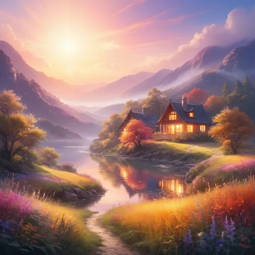 Prompt: (ethereal glow), luminous light radiating, soft illumination, vivid colors, warm ambient tones, magical atmosphere, serene background, enchanting landscapes, high detail, ultra-detailed, vibrant, dreamlike scenery, shimmering reflections, calming hues, captivating visual experience