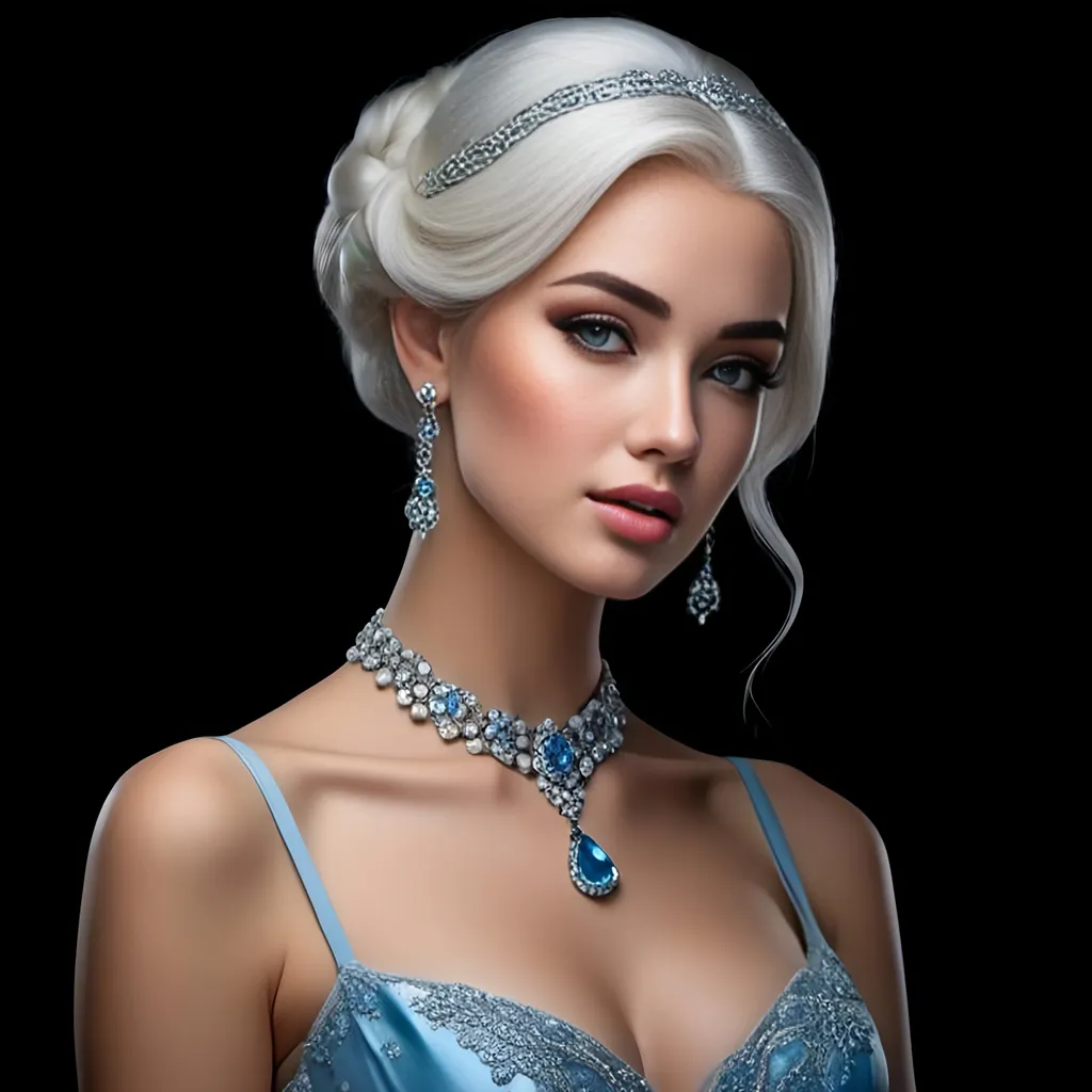 Prompt: <mymodel>A beautiful woman, snow white hair with pastel highlights, frosty blue eyes, blue eyeshadow, blue jewels on forehead