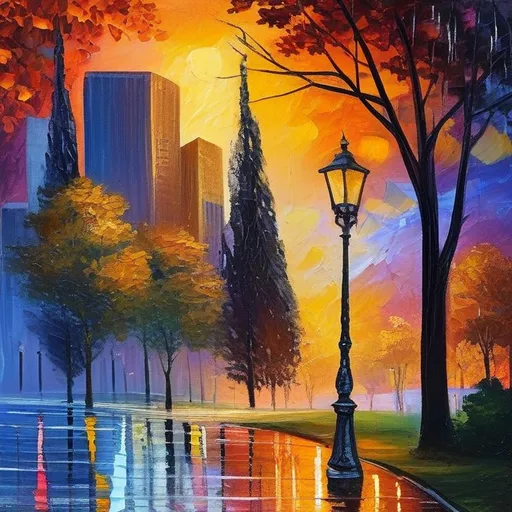 Prompt: a painting of a street light and trees in the rain at sunset with a cityscape in the background, Alena Aenami, american scene painting, intricate oil painting, a fine art painting