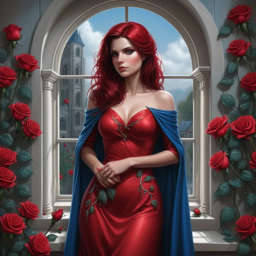 Prompt: a woman in a red dress standing in front of a window with roses around her and a blue cape, Anne Stokes, fantasy art, highly detailed digital painting, a character portrait