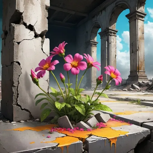 Prompt: Flowers blooming from apocalyptic ruins, digital painting, vibrant blossoms emerging from cracked concrete, high quality, detailed, post-apocalyptic, digital painting, vibrant colors, dramatic lighting