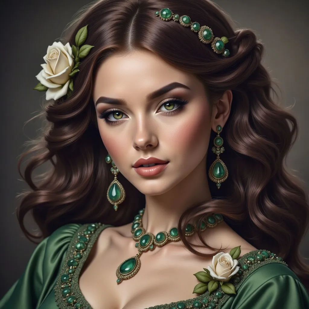 Prompt: a woman wearing a green hat and green jewelry with a flower on her head and a green dress and necklace, Artgerm, fantasy art, highly detailed digital painting, a detailed painting