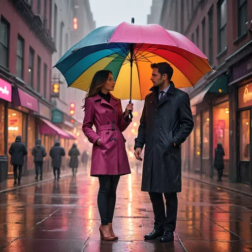 Prompt: In a vibrant urban setting, a couple stands closely under a large, multicolored umbrella, shielded from the gentle rain. The man, dressed in a sleek, dark coat, gazes intently at the woman, whose radiant outfit contrasts in shades of pink and orange, reflecting the warm hues of the city’s lights bouncing off the wet pavement. Their expressions convey deep connection and intimacy, with their foreheads nearly touching as they share a quiet moment amidst the bustling surroundings. The rain creates a romantic ambiance, and the blurred cityscape in the background is adorned with glowing lights, enhancing the enchanting atmosphere that envelops them. The colors of the umbrella and their attire inject a playful allure to this intimate scene, capturing a tender story of love in the rain.