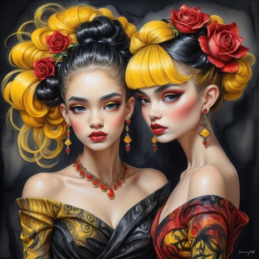 Prompt: <mymodel> beautiful woman, hair pinned up, yellow red black dress, earrings, Watercolor, trending on artstation, sharp focus, studio photo, intricate details, highly detailed, by  Josephine Wall and Jasmine Becket-Griffith