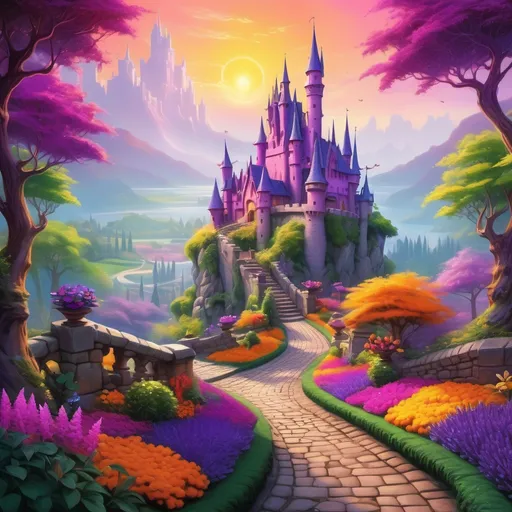Prompt: A vibrant, fantastical landscape unfolds, dominated by a majestic, mystical castle at its core, adorned with vivid purple and magenta spires that reach towards a radiant yellow sun. A winding cobblestone path, illuminated by the playful colors of a surrounding enchanted garden, beckons viewers to explore its depths, flanked by lush greenery and blooming flowers in shades of orange, pink, and purple. Towering trees with intricately twisted branches frame the scene, their foliage painted in fiery autumn hues that contrast beautifully with the enchanted setting. In the background, soft mountains rise under a vibrant sky, enhancing the magical atmosphere of this enchanting realm, where a sense of wonder and adventure permeates the air.
