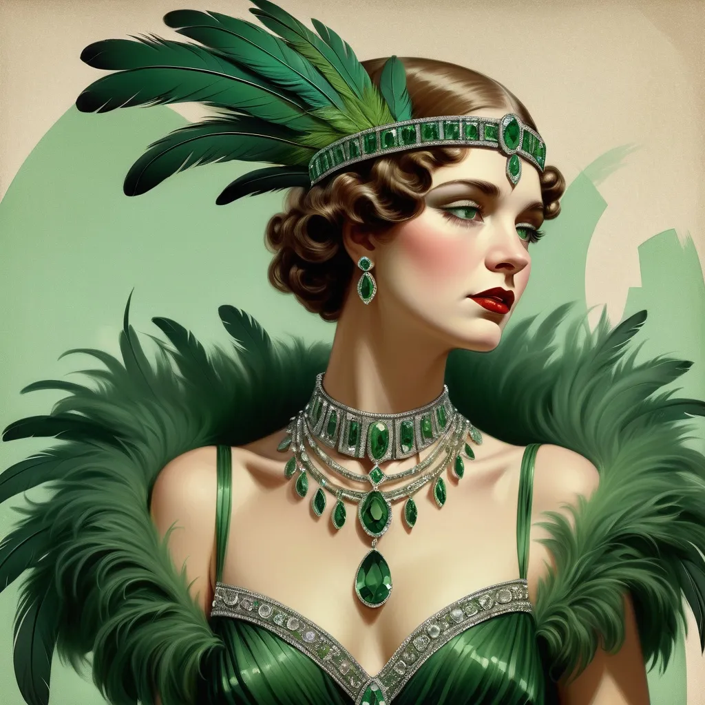 Prompt: a woman in a green dress with feathers on her head and a tiara on her head, with a feathery collar and a green jeweled necklace, Edwin Georgi, art deco, highly detailed digital painting, an art deco painting