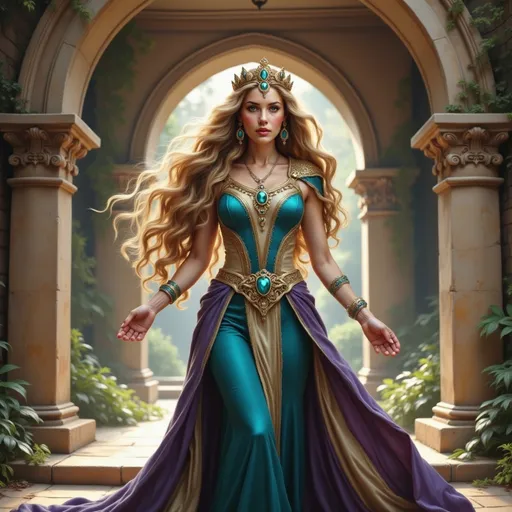 Prompt: Bathed in the ethereal glow of filtered light cascading through an ancient archway, a regal woman stands poised, embodying grace and strength. Her long, flowing hair frames a striking face adorned with intricate jewelry, including a golden crown embellished with jewels that catch the light. Dressed in a richly colored outfit of deep teal and royal purple, her attire hints at elegance and authority, complemented by opulent accessories that shimmer against the lush, verdant backdrop of a mystical garden. The overall atmosphere resonates with enchantment and a sense of noble history, evoking a narrative rich in fantasy and elegance.