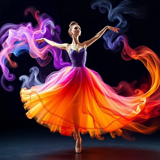 Prompt: A stunning digital artwork depicting a graceful ballerina in mid-pose, captured at the peak of her movement. She wears a magnificent, flowing dress that appears to be made of swirling, colourful smoke or liquid, creating a dynamic and ethereal effect. The dress transitions through a spectrum of vibrant colours, from deep purples and blues to fiery reds, oranges, and yellows, which seem to trail behind her as she dances. Her poised stance and the fluidity of her attire convey a sense of elegance and motion, with the dark background further emphasizing the bright, explosive colours of the dress. The image beautifully captures the essence of ballet combined with a surreal, almost magical atmosphere.