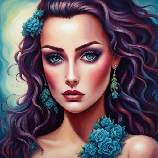 Prompt: Beautiful  hybrid woman with flowers sprouting from her, oil painting, detailed fiery eyes, ethereal glow, dark and mysterious, high quality, vibrant colors, surreal, haunting, intricate floral details, intense gaze, mystical atmosphere, oil painting, demon, hybrid, fiery eyes, ethereal, vibrant colors, surreal, haunting, floral details, intense gaze, mystical atmosphere