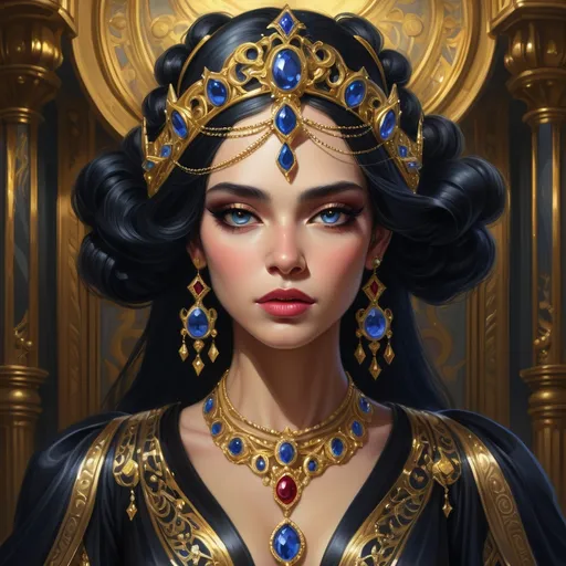 Prompt: An empress black hair wearing a black dress with gold trim and an ornate gold headpiece with sapphires and rubies. Edwin Georgi, fantasy art, highly detailed digital painting, a detailed painting