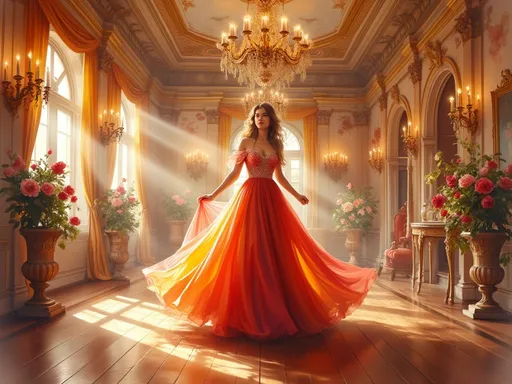 Prompt: Envision an elegant woman ensconced in a richly detailed baroque setting, her dress cascading in waves of deep crimson, vibrant orange, and warm golden yellow hues, perfectly mirroring the lavish decor around her. The room is adorned with intricate moldings and opulent chandeliers dripping with crystals, casting a warm, inviting glow that dances across her graceful silhouette. She stands poised at the center, her expression a blend of confidence and serenity, one hand delicately holding a pearl-encrusted fan. Sunlight streams through grand arched windows, painting a soft golden light across the polished wooden floors, while the scent of blooming roses hangs in the air, creating an atmosphere of romance and sophistication. This enchanting scene captures the essence of baroque elegance, invoking a timeless beauty.