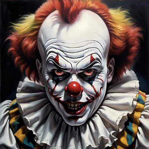 Prompt: Scary, eerie, realistic oil painting of a creepy clown, intense and menacing expression, dark and sinister color palette, detailed facial features, haunting and disturbing atmosphere, high quality, realistic, horror, dark tones, detailed eyes, oil painting, intense lighting