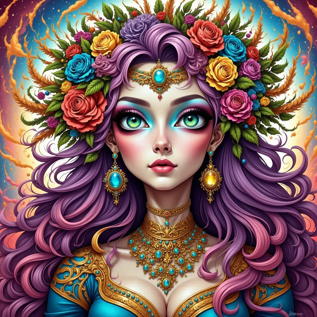 Prompt: a woman with long  purple hair and flowers on her head is wearing a necklace and a flower crown with roses, Anne Stokes, fantasy art, highly detailed digital painting, computer graphics