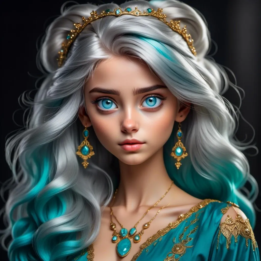 Prompt: <mymodel>An extremely gorgeous woman,  with top knots full of turquoise jewels, in color scheme of turquoise and gold