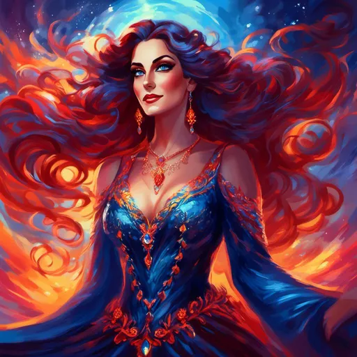 Prompt: <mymodel>Detailed digital painting of a powerful woman, vibrant colors, magical fantasy setting, flowing hair with intricate details, intense and confident expression, ethereal and mystical atmosphere, high quality, digital painting, fantasy, vibrant colors, flowing hair, powerful, confident, mystical, atmospheric lighting