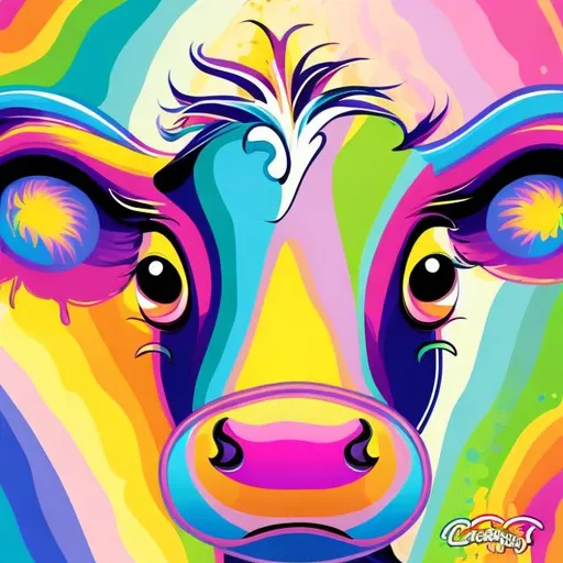 Prompt: Colorful Lisa Frank-style illustration of a playful cow toy, vibrant rainbow colors, whimsical and lively, soft pastel hues, detailed fur with fun patterns, big shiny eyes, cute and cheerful expression, glossy plastic material, artistic, Lisa Frank style, vibrant colors, whimsical, pastel tones, detailed fur, playful expression, glossy material, high quality