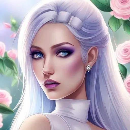 Prompt: A beautiful woman, white hair with pastel purple highlights, violet eyes, blue eyeshadow, pastel blue roses in her hair, blue jewels on forehead, cartoon style