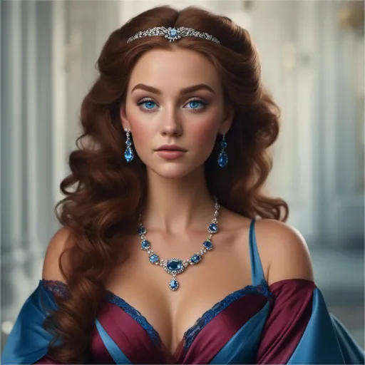 Prompt: <mymodel>Beautiful woman with blue eyes & Auburn hair, blue jewelry, intricate oval face, elegant & elaborate blue formal dress with velvet and lace detailing, blue milliner's hat, fair skin, upturned nose, full bosomy figure, blue high heels, sitting for a portrait, 8k, realistic, elegant, detailed, formal attire, intricate jewelry, portrait sitting, blue color scheme, fair complexion, exquisite hair, high-quality lighting