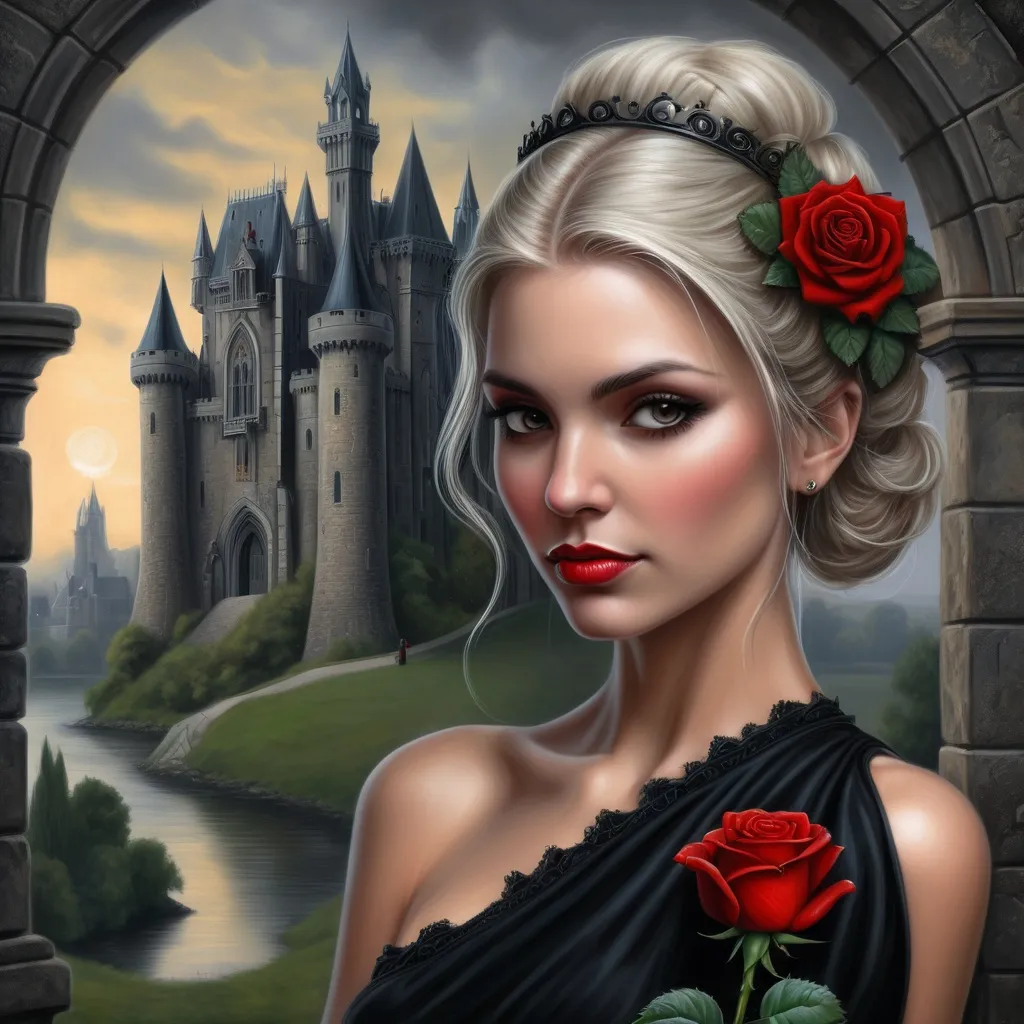 Prompt: a painting of a woman with a castle in the background and a red rose in her hair, wearing a black dress, Anne Stokes, gothic art, highly detailed digital painting, a detailed painting