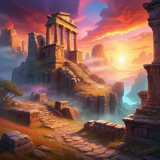 Prompt: Majestic fantasy landscape with ancient ruins, mystical glowing stones, swirling mist, epic sunset, digital painting, vibrant colors, dramatic lighting, detailed architecture, mythical atmosphere, high quality, mythical, ancient ruins, mystical stones, epic sunset, vibrant colors, swirling mist, detailed architecture, dramatic lighting, fantasy landscape, digital painting