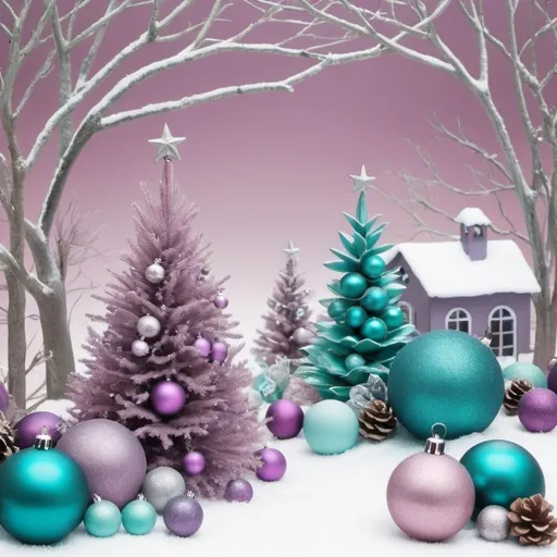 Prompt: Christmas scape in mauve and turquoise