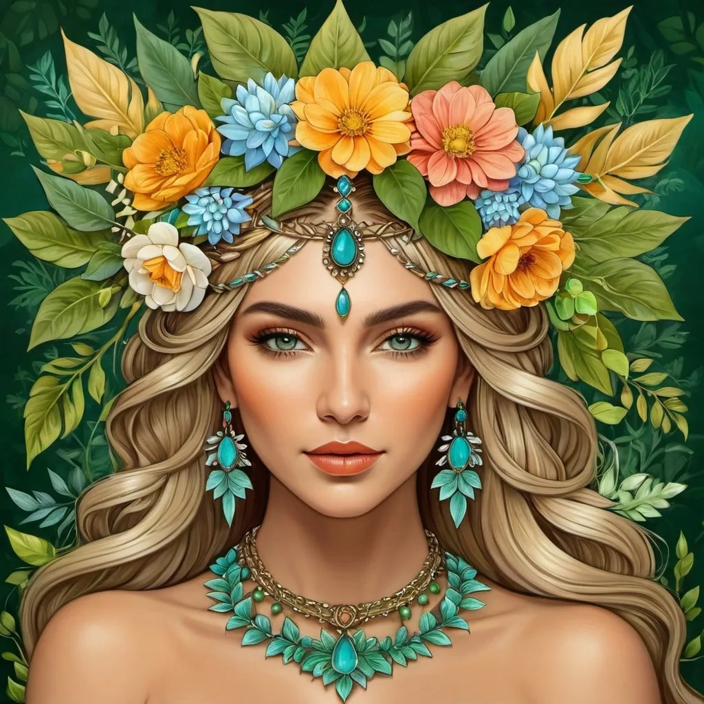 Prompt: a woman with flowers in her hair and a necklace on her head, surrounded by leaves and flowers, is shown in a digital painting style, Amanda Sage, fantasy art, highly detailed digital painting, a detailed painting