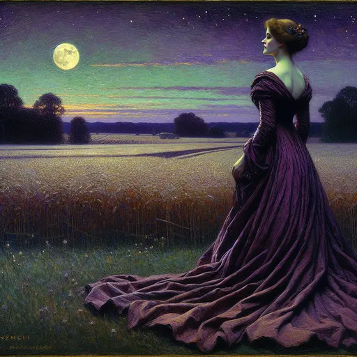 Prompt: a painting of a woman in a purple dress looking at the moon in the distance with a field of  purple crops, Edwin Georgi, figurative art, purple, an ultrafine detailed painting