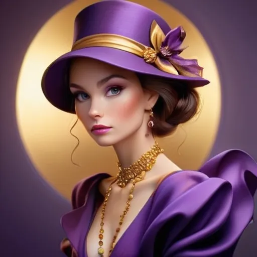 Prompt: Elegant lady in colors of purple and gold