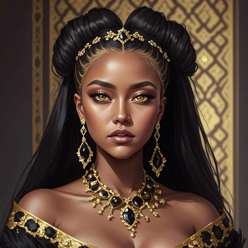 Prompt: <mymodel> a woman with a gold necklace and earrings on her head, wearing a black dress and a gold necklace, Chinwe Chukwuogo-Roy, afrofuturism, regal, a character portrait