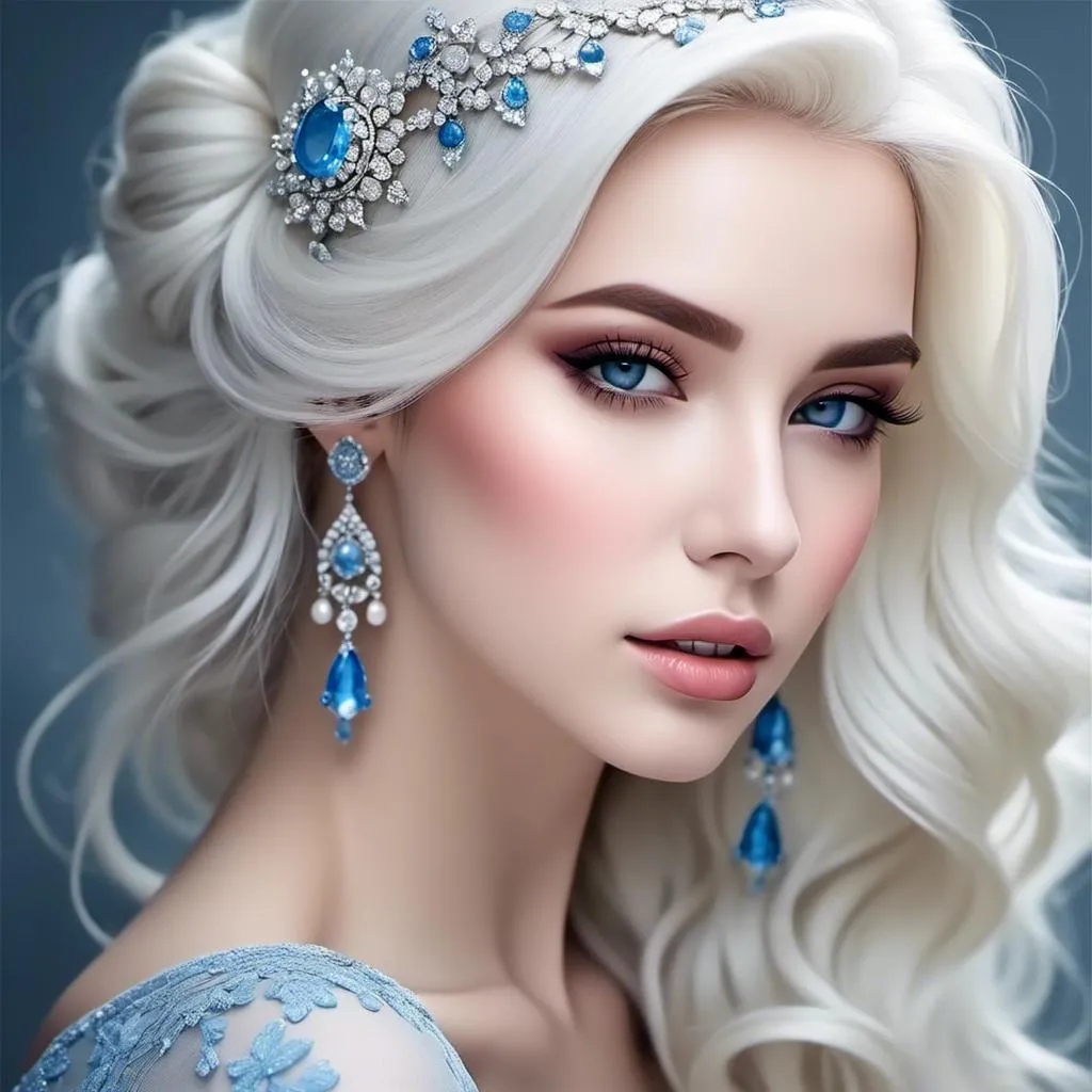 Prompt: <mymodel>A beautiful woman, snow white hair with pastel highlights, frosty blue eyes, blue eyeshadow, blue jewels on forehead