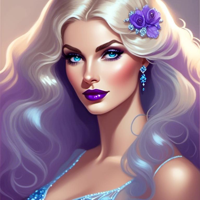 Prompt: <mymodel>Beautiful ethereal woman, long blonde hair,and icy blue eyes color, purple lipstick, facial closeup