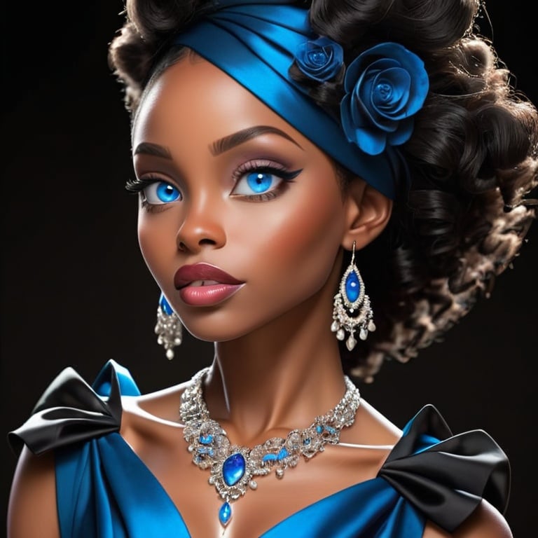 Prompt: Elegant black woman, striking blue eyes