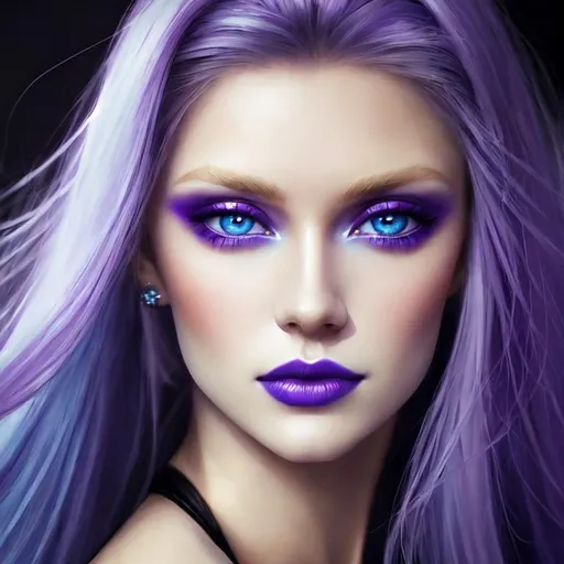 Prompt: <mymodel>Beautiful ethereal woman, long blonde hair,and icy blue eyes color, purple lipstick, facial closeup