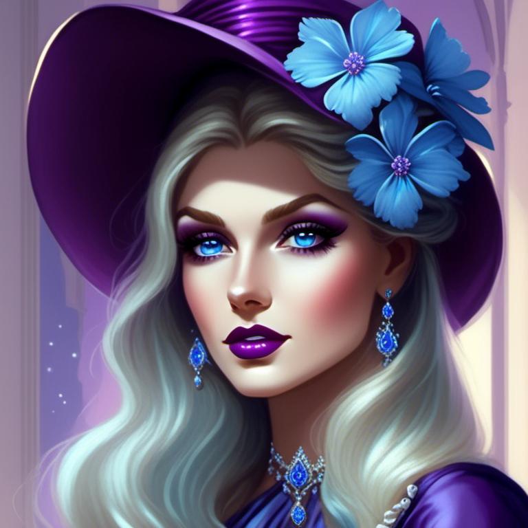 Prompt: <mymodel>Beautiful ethereal woman, long blonde hair,and icy blue eyes color, purple lipstick, facial closeup