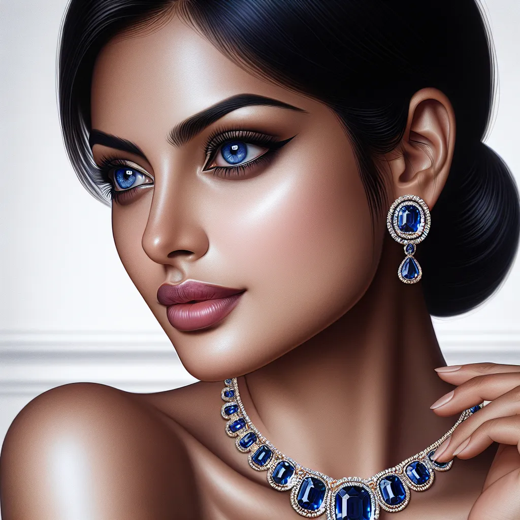 Prompt: (photorealistic painting) of a woman with striking blue eyes, adorned with a luxurious sapphire necklace and matching earrings, set against a crisp white background, emphasizing elegance and sophistication. The intricate details of cloisonnism style enhance the jewelry's beauty, complemented by soft lighting that highlights her features, creating a serene and captivating atmosphere. Ultra-detailed.