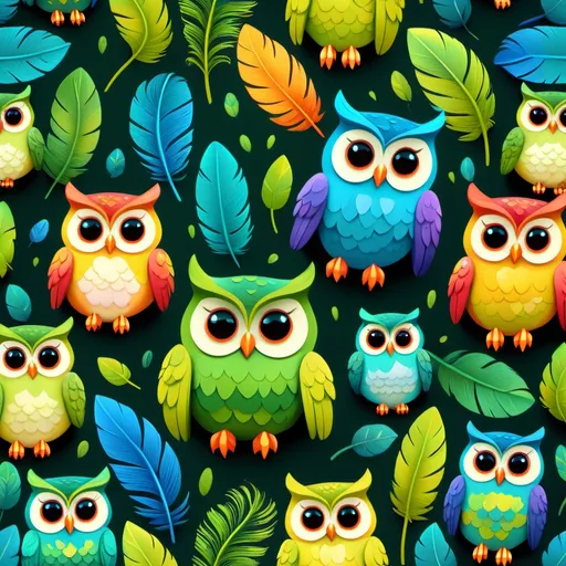 Prompt: Cartoon-style illustration of adorable owls, vibrant and colorful feathers, playful and expressive facial features, whimsical woodland setting, lush and vibrant vegetation, high quality, vibrant colors, cute, cartoon style, playful, whimsical, vibrant lighting