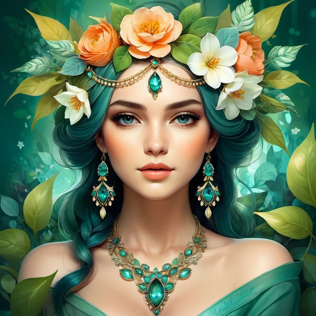 Prompt: a woman with flowers in her hair and a necklace on her head, surrounded by leaves and flowers, is shown in a digital painting style, Anna Dittmann, fantasy art, highly detailed digital painting, a detailed painting