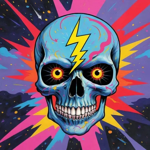 Prompt: create an image of a skill with a swirling lighting bolt around the right eye socket which is empty (except for the lightning bolt. The other eye is normal. The rest of the skull is colorful, but the image depicts pain and suffering