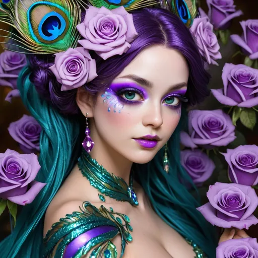 Prompt: <mymodel> peacock fairy goddess, purple roses, facial closeup