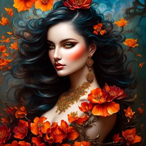 Prompt: Beautiful  hybrid woman with orange flowers sprouting from her, oil painting, detailed fiery eyes, ethereal glow, dark and mysterious, high quality, vibrant colors, surreal, haunting, intricate floral details, intense gaze, mystical atmosphere, oil painting, demon, hybrid, fiery eyes, ethereal, vibrant colors, surreal, haunting, floral details, intense gaze, mystical atmosphere