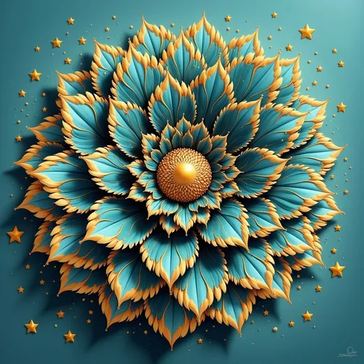 Prompt: a blue flower with a yellow center on a blue background with a gold center on the center of the flower, Elizabeth Murray, cloisonnism, highly detailed digital painting, a 3D render