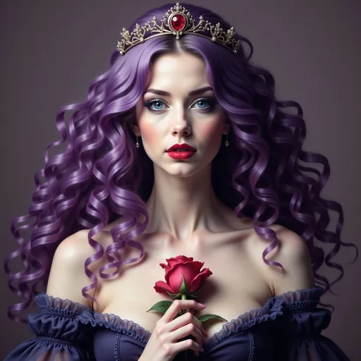 Prompt: a painting of a woman with purple hair and a crown on her head, holding a rose in her hand, Charlie Bowater, fantasy art, trending on art station, a character portrait