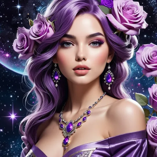 Prompt: Cosmic Epic Beauty, Beautiful and Gorgeous, purple roses in hair