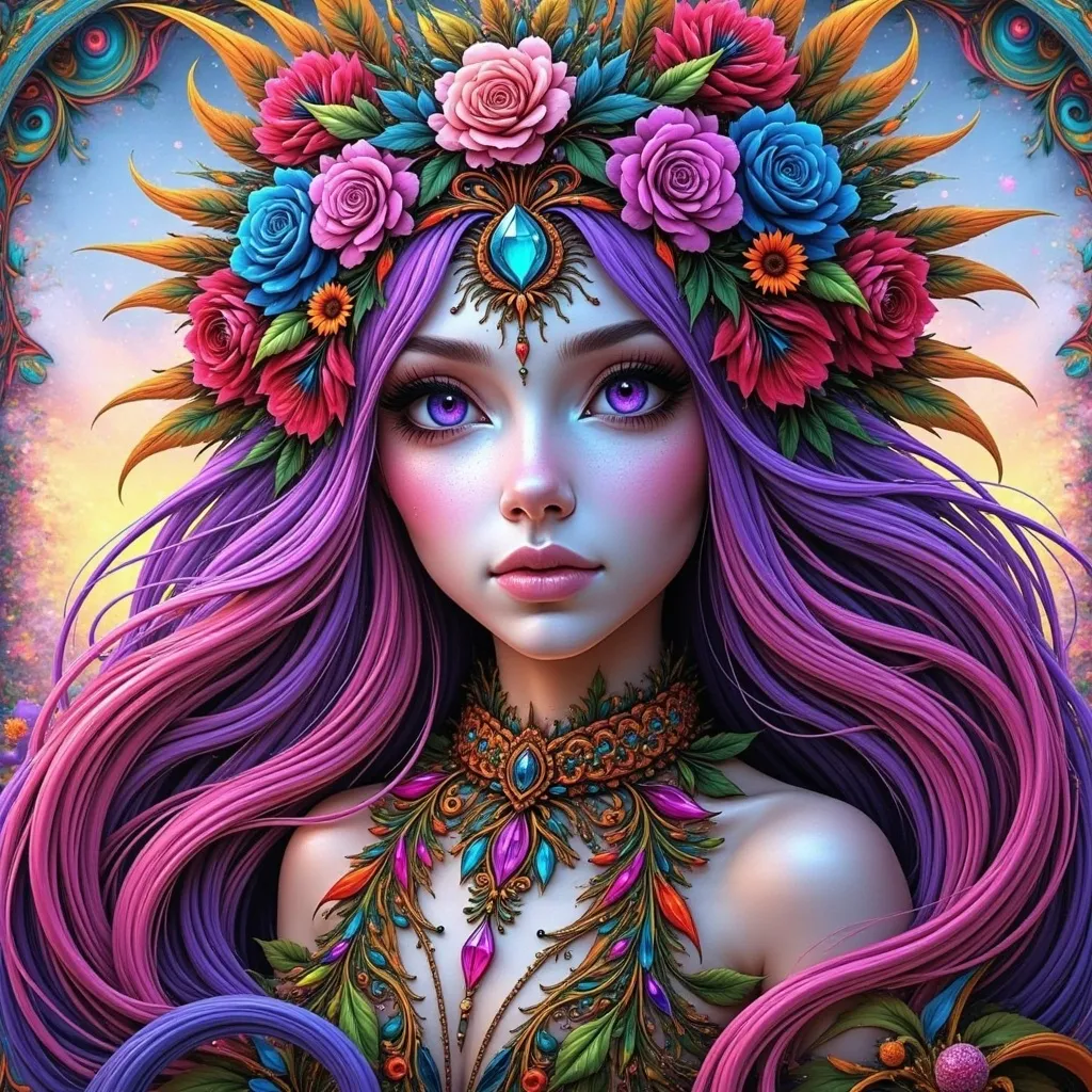 Prompt: a painting of a woman with flowers on her head and a necklace on her neck, with roses in her hair, Anne Stokes, gothic art, highly detailed digital painting, a detailed painting