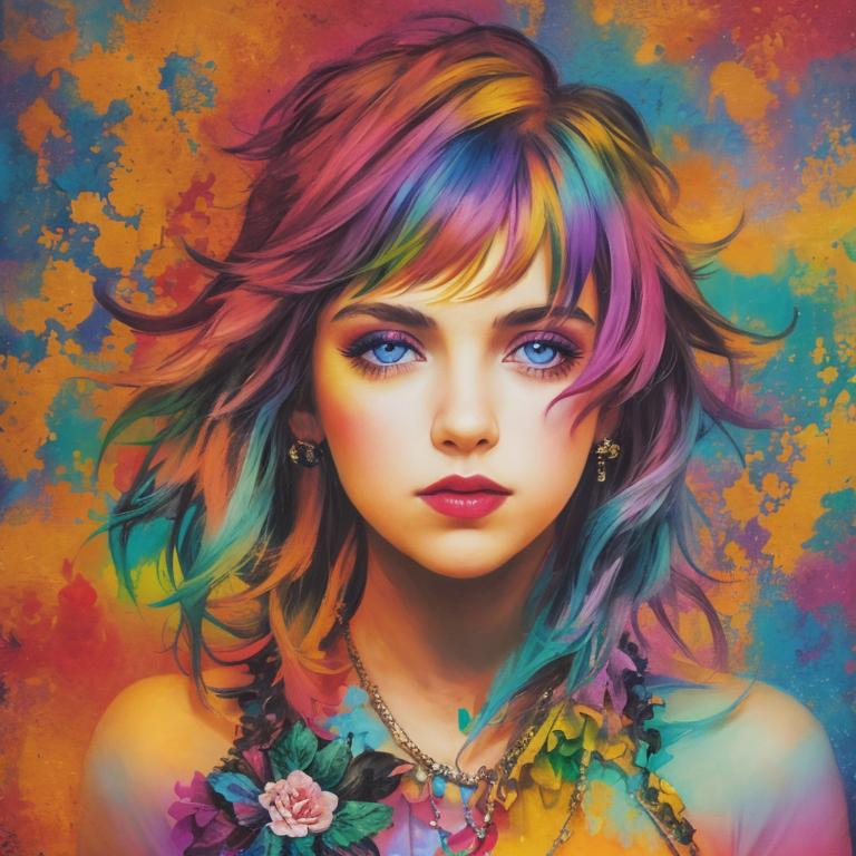 Prompt: colorful image of a young lady