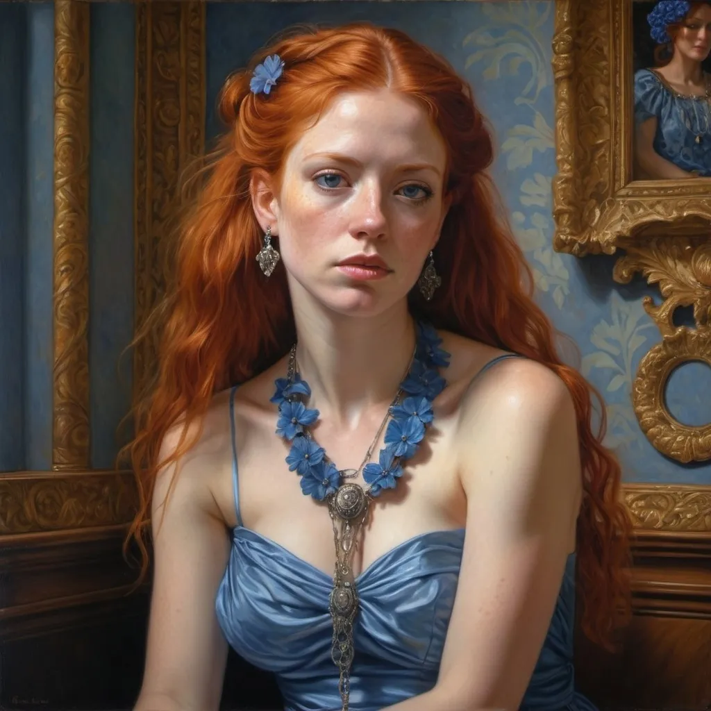 Prompt: a painting of a woman with red hair wearing a necklace and a dress with a blue flower on it, Donato Giancola, photorealism, highly detailed oil painting, a hyperrealistic painting