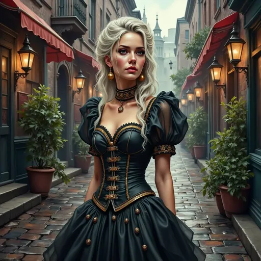 Prompt: This is a highly detailed, digital fantasy artwork featuring a young woman standing in a narrow, cobblestone alleyway. The woman has a striking appearance with pale, flawless skin and long, voluminous white hair styled in an elaborate, towering updo. Her eyes are large and almond-shaped, with dark, dramatic makeup accentuating them. She is wearing a black, form-fitting corset adorned with intricate . The corset is  decorated with gold embroiderery and sheer black sleeves and a voluminous black skirt with gold trim that flares out at the bottom. She also wears a black choker with a gold pendant, large gold hoop earrings, and a gold necklace with a small pendant. 

The background shows a dimly lit alleyway with wet cobblestones, reflecting the warm glow of street lamps that line both sides of the alley. The buildings on either side are adorned with red awnings and potted plants, adding a touch of color and life to the otherwise muted palette. The overall atmosphere is both Victorian and fantastical, with a slightly eerie, misty quality that adds depth and mood to the scene. The artwork combines elements of realism and fantasy, creating a captivating and otherworldly image.