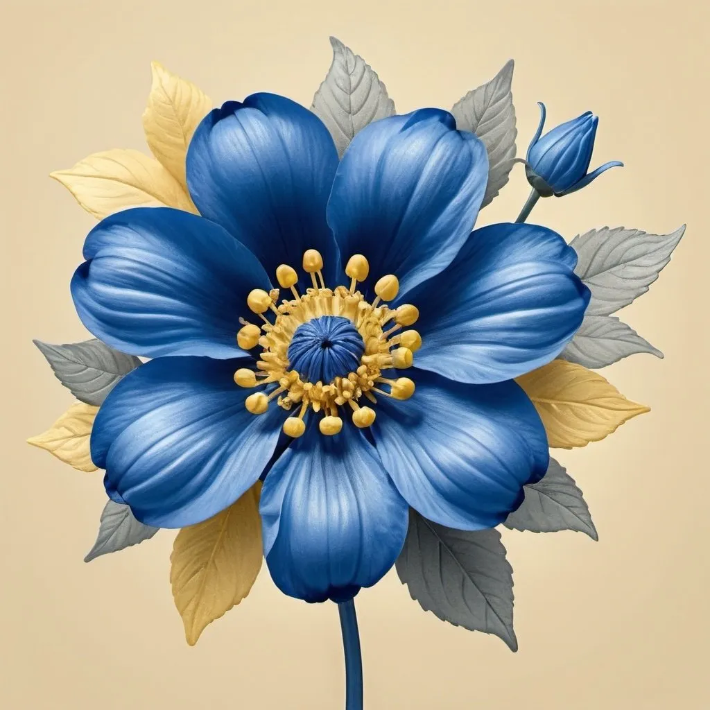 Prompt: <mymodel> Large beautiful blue flower, hyperrealistic, facing front with smaller flowers surrounding, 2d, clipart. illustration done in pen, on a creamy yellow background
